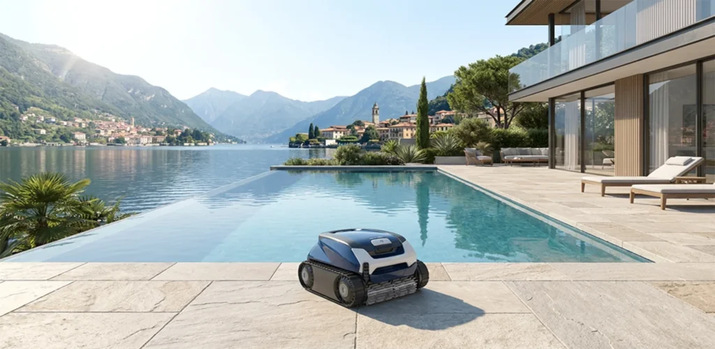 Robot pulitore su bordo piscina sul lago Robot pulitore su bordo piscina sul lago