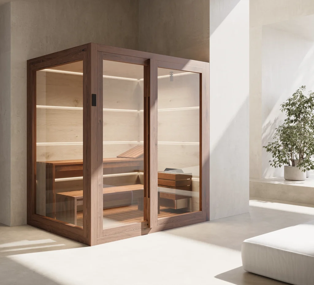 Sauna installato in ambiente domestico, con struttura moderna e finiture eleganti. Sauna installato in ambiente domestico, con struttura moderna e finiture eleganti.