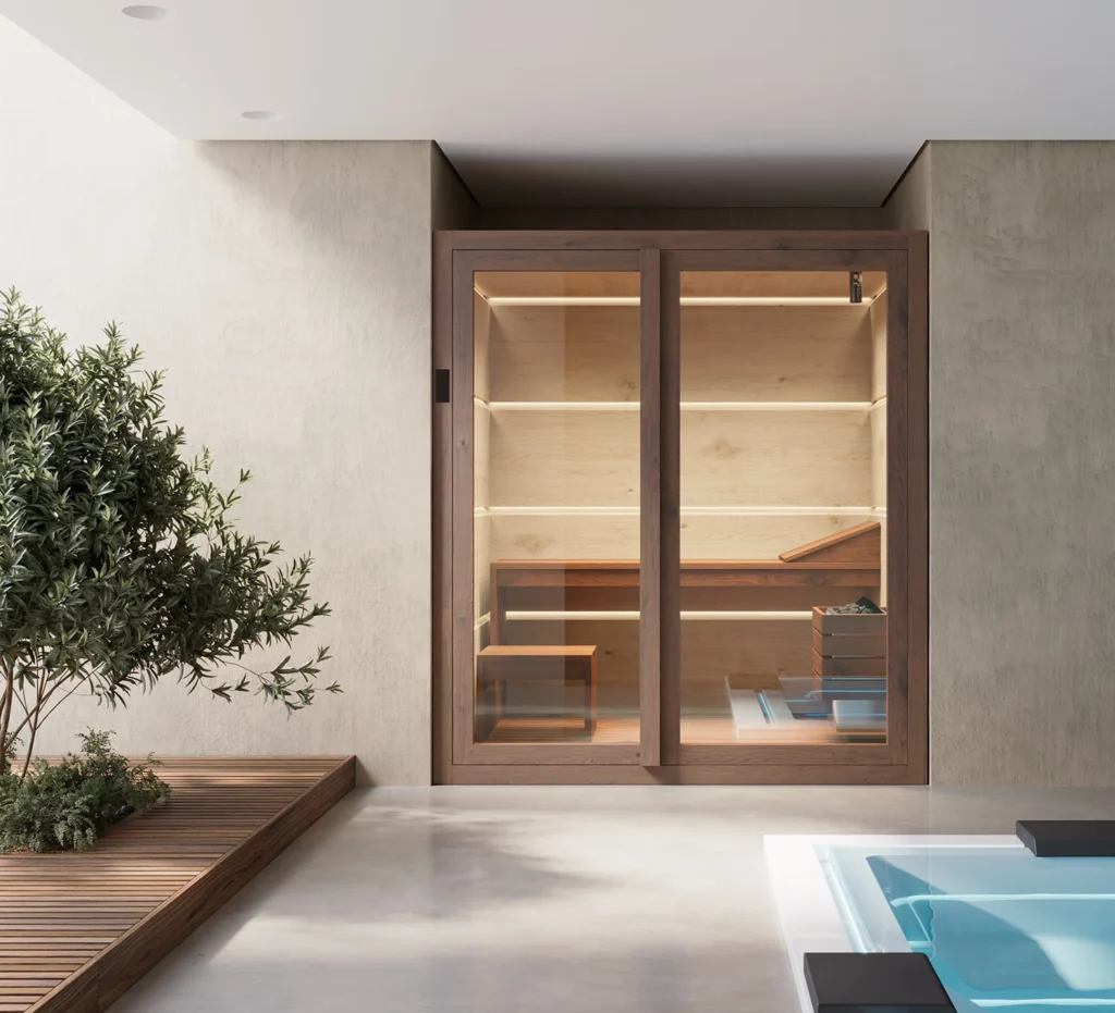 Sauna installato in ambiente domestico, con struttura moderna e finiture eleganti. Sauna installato in ambiente domestico, con struttura moderna e finiture eleganti.